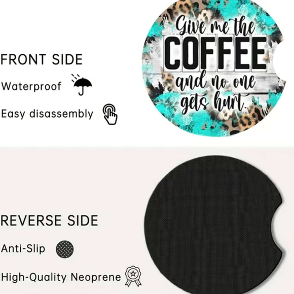 NIP 2 Pack Cup Holder Coasters COFFEE Anti Slip Rubber Cup Mat, Finger Groove - Picture 3 of 3